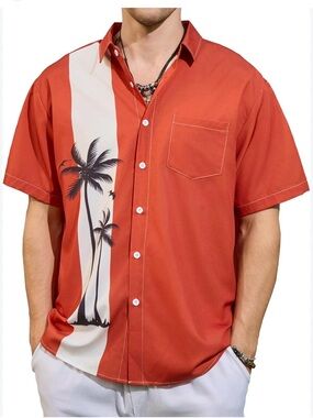 Relaxed Orange Palm-Print Short-Sleeve Button-Down Shirt